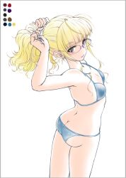  1girl ass ayongu_(gayogayo) bikini blonde_hair blue_bikini blush breasts butt_crack closed_mouth glasses long_hair looking_at_viewer perrine_h._clostermann ponytail simple_background small_breasts solo strike_witches swimsuit white_background world_witches_series yellow_eyes 