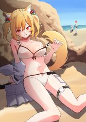 3girls :p absurdres alternate_costume animal_ears arknights beach bikini blonde_hair commentary croissant_(arknights) day exusiai_(arknights) feet_out_of_frame female_focus fox_ears fox_tail front-tie_bikini_top front-tie_top hair_between_eyes hair_bobbles hair_ornament heart highres looking_at_viewer medium_hair multiple_girls naughty_face navel official_alternate_costume outdoors red_eyes rin_mokkomoko sand sitting skirt unworn_skirt solo_focus sora_(arknights) sora_(summer_flowers)_(arknights) strap_pull swimsuit tail thigh_strap tongue tongue_out twintails undressing white_bikini wolf_ears wolf_tail rating:Questionable score:40 user:danbooru