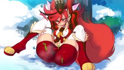 1girl animal_ears ass bike_shorts blush boots breasts cameltoe cure_chocolat ero_kaeru gloves hair_between_eyes hat high_heel_boots high_heels kenjou_akira kirakira_precure_a_la_mode lying on_back precure red_eyes red_hair shorts skirt snow solo tail thighhighs tree white_gloves white_thighhighs rating:Questionable score:42 user:danbooru
