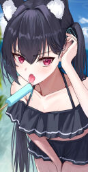  1girl absurdres adjusting_hair animal_ear_fluff animal_ears bare_shoulders between_legs bikini black_bikini blue_archive blue_ribbon blurry blurry_background blush cat_ears cat_girl collarbone commentary cowboy_shot day extra_ears eyelashes fang food frilled_bikini frills frown fujiwara_haru_(nekonote) hair_between_eyes hair_intakes hair_ribbon halterneck hand_between_legs hand_up highres leaning_forward long_hair looking_at_viewer melting_popsicle off-shoulder_bikini off_shoulder official_alternate_costume open_mouth outdoors pink_pupils popsicle red_eyes ribbon serika_(blue_archive) serika_(swimsuit)_(blue_archive) sexually_suggestive skin_fang slit_pupils solo straight_hair swimsuit tongue tongue_out tsurime twintails upturned_eyes v-shaped_eyebrows very_long_hair 