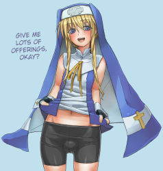 1boy arc_system_works bike_shorts blonde_hair blue_eyes blush bridget_(guilty_gear) bulge clothes_lift crossdressing crossdressing_(mtf) fingerless_gloves gloves guilty_gear habit hard-translated hat highres long_hair male_focus navel nun open_mouth shirt_lift short_hair shota smile solo taishi_(picchiridou) third-party_edit translated trap rating:Questionable score:94 user:StolenTranslations