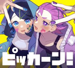  2girls album_cover black_hair black_shirt blue_eyes blue_jacket blush braid bright_pupils cardigan collarbone cover dot_(pokemon) freckles green_hair_ornament hair_ornament hairclip highres inward_v jacket liko_(pokemon) looking_at_viewer multicolored_hair multiple_girls nail_polish nintendo omoi_moyora_nai open_clothes open_jacket open_mouth pants pokemon pokemon_(anime) pokemon_horizons purple_cardigan purple_eyes purple_hair shirt shorts simple_background sticker_on_face swept_bangs tank_top teeth two-tone_hair upper_teeth_only v white_pupils white_shirt yellow_background 