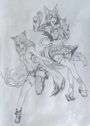  2girls animal_ears bare_shoulders detached_sleeves fox_ears fox_girl fox_tail graphite_(medium) greyscale highres hololive lineart long_hair long_sleeves looking_at_viewer mechanical_pencil monochrome multiple_girls ookami_mio ookami_mio_(1st_costume) open_mouth pencil self-upload sergent_magnom shirakami_fubuki shirakami_fubuki_(1st_costume) sketch smile tail tail_wrap traditional_media virtual_youtuber white_background white_hair wolf_ears wolf_girl wolf_tail 