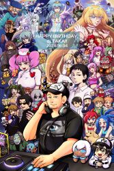  bemani black_hair blonde_hair blue_eyes bow_(music) breasts brown_hair bucket candy character_request cleavage collar commentary_request copyright_request dj_taka_(bemani) facial_hair fangs food gloves green_hair grey_hair happy_birthday hat headphones headphones_around_neck highres holding holding_candy holding_food holding_lollipop holding_microphone instrument lollipop microphone microphone_stand milk_(pop&#039;n_music) mimi_(pop&#039;n_music) multiple_boys multiple_girls mzd one_eye_closed open_mouth orange_hair phonograph pink_hair pop&#039;n_music purple_hair rainbow red_eyes red_hair smile spiked_collar spikes sunglasses swirl_lollipop t_phthal_you tran_(beatmania) turntable v white_hair 
