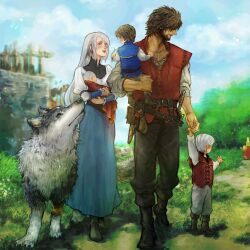  animal baby belt belt_buckle black_pants blue_eyes blue_skirt blue_sky blush brown_hair buckle carrying carrying_person child clive_rosfield cloud cloudy_sky commentary english_commentary family father_and_son final_fantasy final_fantasy_xvi full_body grass grey_hair grey_pants grey_shirt grey_wolf highres holding_baby holding_hands husband_and_wife if_they_mated jill_warrick kasuke_(li_tgknk) long_hair looking_at_another mother_and_son outdoors pants red_vest sheath sheathed shirt short_hair siblings skirt sky sword torgal_(ff16) tree vest walking weapon white_shirt 