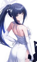  1girl absurdres bare_back blue_archive blue_hair commentary dress elbow_gloves from_behind gabang gloves grey_halo gun halo highres holding holding_gun holding_weapon long_hair looking_at_viewer looking_back ponytail saori_(blue_archive) saori_(dress)_(blue_archive) sig_516 solo weapon white_dress white_gloves 