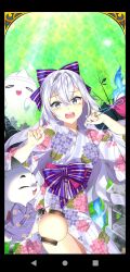  1girl blue_bow bow cat ghost grey_hair highres japanese_clothes kimono long_hair open_mouth print_kimono roselia_violet salt_(salty) striped_bow tearing_up uchi_no_hime-sama_ga_ichiban_kawaii white_kimono yukata 