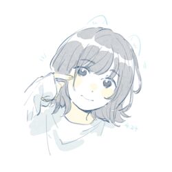  1girl animal_ears animification black_eyes black_hair blush cat_ears closed_mouth commentary dated drawn_ears finger_to_cheek flipped_hair highres looking_at_viewer medium_hair notice_lines photo-referenced real_life sakurai_hina shirt simple_background sleeves_past_wrists smile solo symbol-only_commentary voice_actor white_background white_shirt woodonly 