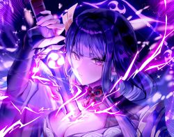  1girl arm_up armor believer_tamago blunt_bangs blurry blurry_background braid breasts bridal_gauntlets cleavage clothing_cutout electricity genshin_impact glowing glowing_sword glowing_weapon hair_ornament highres holding holding_sword holding_weapon human_scabbard japanese_clothes katana kimono large_breasts long_braid long_hair looking_at_viewer looking_to_the_side mitsudomoe_(shape) mole mole_under_eye multicolored_hair musou_isshin_(genshin_impact) neck_ribbon off_shoulder parted_lips purple_background purple_eyes purple_hair purple_kimono raiden_shogun red_ribbon ribbon short_sleeves shoulder_armor shoulder_cutout single_braid solo streaked_hair sword tomoe_(symbol) upper_body weapon wide_sleeves 