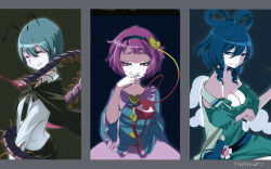  3girls antennae aqua_dress aqua_hair blue_eyes blue_hair breast_hold breasts broken_heart bug cape centipede cigarette cleavage clenched_teeth closed_eyes commentary_request dress hair_rings hairband heart kaku_seiga kiseru komeiji_satori large_breasts leg_ribbon long_sleeves looking_at_viewer multiple_girls namauni off_shoulder open_clothes open_vest pink_hair puffy_short_sleeves puffy_sleeves red_eyes ribbon shaded_face shirt short_hair short_sleeves shorts side_slit signature sitting skirt smile smoking smoking_pipe teeth third_eye touhou vest wide_sleeves wriggle_nightbug yuujo 