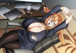  1girl adora_bunny animal_ears arms_up artist_request breasts chair cleavage coat coffee_mug computer_keyboard computer_mouse cup day desk freckles grey_eyes huge_breasts indie_virtual_youtuber jewelry monitor mouse mug name_tag necklace office_lady one_eye_closed open_mouth orange_hair pantyhose paper pen skirt solo stretching table tablet_pc virtual_youtuber waking_up yawning 