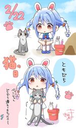  1girl :&lt; aged_down animal animal_ear_fluff animal_ears blue_hair blue_shoes blue_sky blush bow braid bucket carrot_hair_ornament cat cat_day cloud collared_shirt colored_shadow commentary_request corrupted_twitter_file dated day don-chan_(usada_pekora) dress flying_sweatdrops food-themed_hair_ornament hair_between_eyes hair_bow hair_ornament highres holding holding_animal hololive kiritoma multicolored_hair no_shoes parted_lips puffy_short_sleeves puffy_sleeves rabbit-shaped_pupils rabbit_ears red_eyes sand_sculpture shadow shirt shoes short_eyebrows short_sleeves signature sitting sky socks standing symbol-shaped_pupils thick_eyebrows translation_request triangle_mouth twin_braids twintails two-tone_hair usada_pekora virtual_youtuber white_bow white_dress white_hair white_socks 