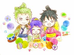  1girl 2boys ^_^ black_hair blush blush_stickers chibi chibi_only child chonmage closed_eyes commentary_request dango earrings food green_hair hair_bun hat highres japanese_clothes jewelry karin10_op kimono kurozumi_tama monkey_d._luffy multiple_boys one_eye_closed one_piece open_mouth purple_hair red_kimono roronoa_zoro scar scar_across_eye scar_on_face short_hair sidelocks sitting straw_hat topknot v-shaped_eyebrows wagashi yellow_kimono 