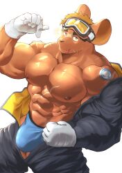  1boy abs animal_ears another_eidos-r bara biceps black_bodysuit blue_male_underwear bodysuit bulge calhoun_(another_eidos) closed_mouth commentary english_commentary flexing from_above furry furry_male gloves highres kentaro_k looking_at_viewer male_focus male_underwear mouse_boy mouse_ears multiple_scars muscular muscular_male nipples open_bodysuit open_clothes pectorals scar scar_on_chest scar_on_chin scar_on_face scar_on_shoulder scar_on_stomach smile tongue topless_male underwear undressing white_gloves 