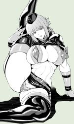  1girl aoyama_akira braid braided_ponytail breasts cameltoe cleavage covered_clitoris covered_erect_nipples elbow_gloves facing_viewer fate/grand_order fate_(series) florence_nightingale_(fate) florence_nightingale_(trick_or_treatment)_(fate) garrison_cap gloves green_background greyscale hat highres large_breasts looking_at_viewer midriff monochrome navel open_mouth solo stretching thick_thighs thighhighs thighs  rating:Questionable score:85 user:jojosstand