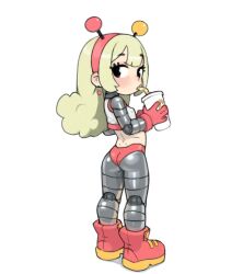  1girl android antennae ass black_eyes blush boots cup drink drinking drinking_straw earrings from_behind gloves green_hair hairband holding holding_cup holding_drink jewelry joints loli long_hair looking_at_viewer looking_back mcdonald&#039;s mecha_musume midriff panties qtkat red_boots red_gloves red_panties robot robot_joints set500_(mcdonald&#039;s) shirt sleeveless sleeveless_shirt standing underwear white_background white_shirt 