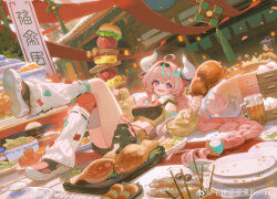  2girls absurdres ahoge animal_ears aqua_hair bell black_skirt braid breasts bright_pupils cooking cow_ears cow_girl cow_horns cow_tail cowbell crossed_legs detached_sleeves food full_body genshin_impact guoba_(genshin_impact) hairband highres holding holding_food horns leg_warmers lying maoqiu_gungun_lai_berriiiq multicolored_hair multiple_girls on_back open_mouth pink_hair plate purple_eyes shoes skirt sneakers streaked_hair tail twin_braids varesa_(genshin_impact) white_leg_warmers xiangling_(genshin_impact) yellow_sleeves 