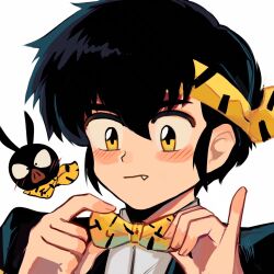  1boy animal bandana black_hair blush blush_stickers bow dual_persona fang formal_clothes hair_between_eyes hibiki_ryouga highres looking_down p-chan pig ranma_1/2 simple_background white_background yellow_bandana yellow_bow yellow_eyes  rating:General score:4 user:danbooru