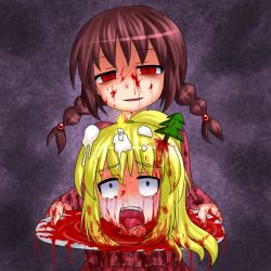  aosora_(mizore) blonde_hair blood blood_on_clothes blood_on_face braid brown_hair candle decapitation guro madotsuki poniko red_eyes skirt tray twin_braids twintails what yume_nikki  rating:Sensitive score:49 user:Wille