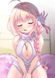  1girl ayukawa_koto braid breasts cleavage closed_eyes covered_erect_nipples flower food food_in_mouth hair_flower hair_ornament highres iris_mysteria! large_breasts long_hair looking_at_viewer mouth_hold pink_hair pocky pocky_day pocky_in_mouth pocky_kiss ribbed_sweater seiza shared_food sitting smile sweater tatami tenjou_ryuka thighs variant_set 