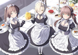 3girls :o absurdres apron aqua_eyes azur_lane black_dress black_footwear blonde_hair brown_hair cake cheesecake chocolate_cake cien_(shikanokuni) closed_mouth commentary_request cup detached_sleeves dress food frilled_apron frills fruit glasgow_(azur_lane) hair_over_one_eye highres holding holding_tray indoors juliet_sleeves long_skirt long_sleeves looking_at_viewer maid maid_apron maid_headdress multiple_girls newcastle_(azur_lane) pastry petticoat puffy_long_sleeves puffy_short_sleeves puffy_sleeves saucer sheffield_(azur_lane) short_sleeves skirt smile strawberry strawberry_shortcake swept_bangs swiss_roll tart_(food) tea teacup teapot thighhighs tray white_apron white_thighhighs window yellow_eyes rating:General score:14 user:danbooru