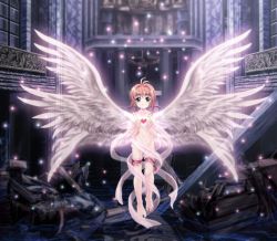 1girl angel_wings barefoot brown_hair cardcaptor_sakura church female_focus floating full_body green_eyes heart indoors kinomoto_sakura frilled_thigh_strap loli looking_at_viewer mutsuki_(moonknives) nude ribbon short_hair solo sparkle thigh_strap wings rating:Questionable score:18 user:sippindippin