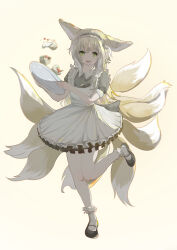  1girl :d absurdres animal_ears ankle_socks apron arknights bai_gei_dai_shi_huang_mou black_dress black_hairband black_shoes brown_hair chinese_commentary commentary_request cupcake dress food frilled_apron frilled_hairband frills full_body gradient_background green_eyes hairband highres holding holding_tray knees_together_feet_apart leg_up long_hair looking_at_viewer maid maid_apron multicolored_hair multiple_tails open_mouth puffy_short_sleeves puffy_sleeves shoes short_sleeves smile socks solo standing standing_on_one_leg streaked_hair suzuran_(arknights) tail tray white_apron white_hair white_socks white_tail yellow_background yellow_tail 