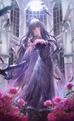  1girl artist_request ashley_(shining_nikki) bird blue_eyes breasts burn_scar cleavage crow dress exhaust feathers feet_out_of_frame flower frilled_bracelet full_moon game_cg grey_hair hair_between_eyes hand_on_own_chest highres indoors long_dress long_hair long_hair_between_eyes long_sleeves looking_at_viewer moon night night_sky nikki_(series) nocturne_song_(shining_nikki) official_art parted_lips petals pink_flower pink_rose purple_dress rose rose_petals scar scar_on_face shining_nikki sky solo standing star_(sky) starry_sky strapless strapless_dress thorns very_long_hair wide_sleeves window 