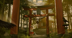  1girl absurdres anli_(jwcpp4sum0mgk5r) ascot bird black_bird bow brown_hair building cloud commentary_request crow detached_sleeves forest frilled_bow frilled_hair_tubes frilled_skirt frills gohei hair_bow hair_tubes hakurei_reimu hakurei_shrine highres holding holding_gohei long_hair looking_at_viewer nature outdoors red_bow red_skirt ribbon-trimmed_skirt ribbon-trimmed_sleeves ribbon_trim skirt skirt_set solo stairs stone_lantern torii touhou yellow_ascot 