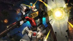  absurdres artist_request battle beam_cannon beam_rifle copyright_logo energy_beam energy_gun explosion glowing gundam gundam_battle_operation_2 gundam_walpurgis highres looking_at_viewer machinery mecha mecha_focus mobile_suit no_humans over.on realistic robot science_fiction shield space sunrise_(company) v-fin weapon 