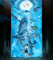  1boy 2girls angelfish bag barefoot black_skirt blonde_hair blue_eyes clownfish damselfish dolphin fish hammerhead_shark highres japanese_amberjack kaiju_no_kodomo key_visual long_hair looking_back miniskirt moorish_idol multiple_girls official_art pleated_skirt promotional_art puffer_fish ruka_(children_of_the_sea) school_bag school_uniform shark shirt short_hair shorts skirt stingray tropical_fish tuna turtle whale white_shirt  rating:Sensitive score:7 user:danbooru