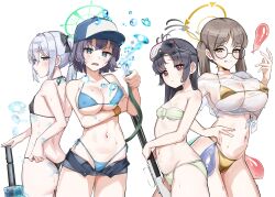  4girls absurdres alternate_costume bare_shoulders bikini black_bikini black_hair blue_archive blue_bikini blue_eyes blush breasts brown_eyes brown_hair cleavage collarbone cowboy_shot denim denim_shorts diving_mask diving_mask_on_head eyewear_on_head glasses goggles goggles_on_head gold_bikini green_eyes grey_hair halo hat highres holding holding_hose hose large_breasts long_hair looking_at_viewer micro_bikini miyako_(blue_archive) miyu_(blue_archive) moe_(blue_archive) multiple_girls naka1379 navel open_fly open_mouth rabbit_platoon_(blue_archive) red_eyes saki_(blue_archive) see-through_clothes short_hair short_shorts shorts simple_background small_breasts smile spraying standing stomach string_bikini sunglasses swimsuit swimsuit_under_clothes thong_bikini twintails water_balloon white_background white_bikini 