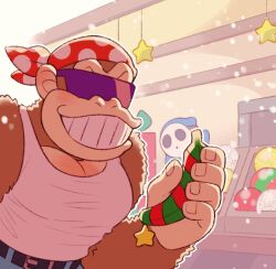  2boys bandana blue_robe brown_fur donkey_kong_(series) funky_kong furry furry_male grin hooded_robe mario_(series) minashirazu multiple_boys nintendo polka_dot_bandana red_bandana robe shy_guy smile star_(symbol) sunglasses tank_top white_mask white_tank_top 