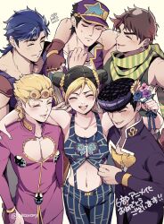  1girl 5boys arm_around_shoulder battle_tendency blonde_hair blue_hair braid cone_hair_bun diamond_wa_kudakenai giorno_giovanna green_scarf hair_bun happy higashikata_josuke highres jacket jojo_no_kimyou_na_bouken jonathan_joestar joseph_joestar joseph_joestar_(young) kuujou_jolyne kuujou_joutarou midriff morino_peko multiple_boys navel open_mouth pectoral_cleavage pectorals phantom_blood pompadour purple_hair purple_jacket scarf short_hair stone_ocean striped_clothes striped_scarf sweatdrop vento_aureo 