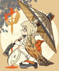  1girl braid commentary_request full_body grey_hair hair_horns hair_ornament highres holding holding_umbrella holding_weapon inkling inkling_girl inkling_player_character long_hair looking_ahead nintendo okobo osakanagumi11 platform_sandals pointy_ears recycled_brella_24_(splatoon) sandals single_braid socks solo splatoon_(series) splatoon_3 squatting tabi tentacle_hair umbrella weapon white_socks x_hair_ornament yellow_eyes 
