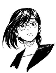  1girl commentary frown glasses hair_ornament hairclip hashtag-only_commentary hatching_(texture) highres instagram_username mole mole_under_mouth monhshur_r monochrome portrait round_eyewear sakamoto_aoi_(sakamoto_days) sakamoto_days signature sketch solo 