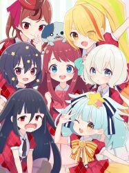  6+girls absurdres black_hair blonde_hair blue_eyes blue_hair blush bow brown_hair dog hair_ornament highres hoshikawa_lily konno_junko minamoto_sakura mizuno_ai multiple_girls nekomura_yuyuko nikaidou_saki one_eye_closed open_mouth orange_bow red_bow red_eyes red_hair romero_(zombie_land_saga) saliva skirt smile star_(symbol) star_hair_ornament striped_bow v white_hair yamada_tae yuugiri_(zombie_land_saga) zombie_land_saga 