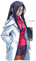  1girl absurdres black_hair coat cropped_legs earrings edaki_shin&#039;ya from_side game_cg glasses hand_in_pocket highres holding jewelry justice_gakuen lab_coat legs_apart lipstick long_hair makeup minazuki_kyouko moero!_justice_gakuen necklace non-web_source official_art open_clothes open_coat pantyhose pencil_skirt ribbed_sweater simple_background skirt smile solo sweater teacher turtleneck turtleneck_sweater white_background 