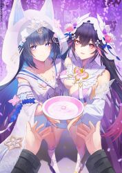  1boy 2girls absurdres black_hair blue_hair boots bowl breasts colored_inner_hair commentary_request detached_sleeves dress from_above high_heels highres holding holding_bowl japanese_clothes jewelry kimono large_breasts long_hair looking_at_viewer looking_up lucia_(pgr) multicolored_hair multiple_girls parted_lips pink_eyes pink_hair pov punishing:_gray_raven purple_eyes ring selena_(pgr) shiromuku skaven_gongcheng_shushi smile twintails two-tone_hair uchikake wedding_dress white_boots 
