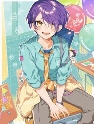  1boy absurdres aqua_jacket bag balloon between_legs blue_bag bracelet brown_pants clothes_around_waist commentary desk ensemble_stars! hair_between_eyes hair_over_one_eye hand_between_legs highres jacket jacket_around_waist jewelry looking_at_viewer male_focus multicolored_hair necktie on_desk open_mouth orange_necktie pants purple_hair sengoku_shinobu short_hair sitting smile solo streaked_hair string_of_flags symbol-only_commentary wo_nigiri_2 yellow_eyes 