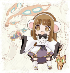  1girl :d adapted_costume animal_ears black_bow black_bowtie black_socks blunt_bangs blush boots bow bowtie brown_cat brown_eyes brown_hair commentary_request fake_animal_ears full_body gold_trim long_hair long_sleeves looking_at_viewer open_mouth pochiko_(poteko) purple_skirt ragnarok_online shirt skirt smile socks solo sorcerer_(ragnarok_online) soul_ascetic_(ragnarok_online) white_background white_boots white_shirt wide_sleeves 