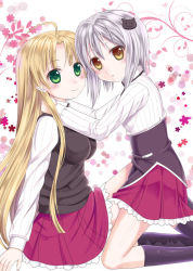 10s 2girls :3 ahoge asia_argento blonde_hair blush female_focus frottage green_eyes hair_ornament high_school_dxd hug ikeda_yuuki long_hair looking_at_viewer multiple_girls school_uniform short_hair shy silver_hair skirt smile toujou_koneko yellow_eyes yuri rating:Questionable score:12 user:danbooru