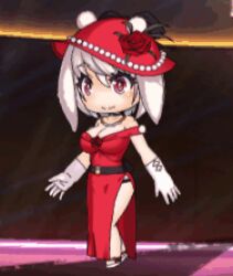  1girl alternate_costume animated animated_gif ankle_ribbon bare_legs bare_shoulders black_choker black_panties bouncing_breasts breasts chibi choker curvy dress gloves hat high_heels highres jewelry large_breasts leg_ribbon lilith-soft looking_ahead lowres necklace no_bra official_alternate_costume panties panties_visible_through_clothes rabbit_ears red_dress red_eyes red_hat ribbon shoes short_hair simple_background smile taimanin_(series) taimanin_rpgx una_mochizuki underwear white_gloves white_hair white_shoes wide_hips 