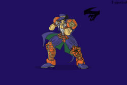  1boy armor artist_name bahn bandaged_chest bandaged_hand bandages blue_background fighting_stance fighting_vipers frown hat hat_over_eyes hidden_eyes highres jacket knee_guards logo muscular muscular_male open_clothes open_jacket sega simple_background solo spiked_hair toppogodvt torn_clothes torn_jacket torn_sleeves 
