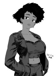  1girl black_eyes black_hair breasts cleavage collarbone cowboy_shot dark-skinned_female dark_skin dated ear_piercing earrings hands_in_pockets hoop_earrings jacket jewelry large_breasts lips looking_at_viewer navel original pants piercing short_hair signature simple_background stomach suit_jacket tsukudani_(coke-buta) white_background 