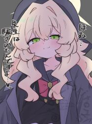  1girl beret black_serafuku black_shirt black_skirt blonde_hair blue_archive blush bow closed_mouth commentary_request green_eyes grey_background grey_hat grey_jacket grey_sailor_collar hair_between_eyes hair_intakes half-closed_eyes halo hat highres jacket kujou_karasuma long_hair looking_at_viewer off_shoulder open_clothes open_jacket professor_niyaniya_(blue_archive) red_bow sailor_collar school_uniform serafuku shirt simple_background skirt smile solo translation_request watermark 