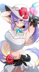  1girl anaglyph armpits arms_up bad_perspective bad_proportions bikini black_choker blush breasts choker flower hat hat_flower highres hololive hololive_indonesia holonatsu_paradise kaiyen large_breasts long_body looking_at_viewer midriff moona_hoshinova moona_hoshinova_(holonatsu_paradise) navel purple_hair simple_background solo starry_hair sun_hat swimsuit virtual_youtuber white_background 