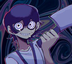  1boy abstract_background black_eyes black_hair collarbone colored_sclera commentary_request crazy_eyes fake_type glitch grin hair_between_eyes hand_up holding holding_knife kitchen_knife knife looking_at_viewer male_focus meiru_5555 mister_jewel_box outline ringed_eyes shirt short_hair smile tears teeth upper_body yellow_sclera 