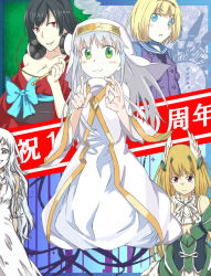  5girls :3 anniversary baby_magnum bare_shoulders black_hair blonde_hair blue_bow blue_eyes blue_sailor_collar blush bow breasts character_request cleavage closed_mouth commentary copyright_request creator_connection crossover dot_nose dress green_eyes grey_hair hand_up hands_up head_wings headphones headphones_around_neck heavy_object index_(toaru_majutsu_no_index) index_finger_raised intelli_village_no_zashiki-warashi japanese_clothes kamachi_crossover kimono large_breasts long_dress long_hair long_sleeves looking_at_viewer mecha_pilot_suit medium_breasts medium_hair milinda_brantini multiple_crossover multiple_girls nun obi parted_lips purple_eyes purple_vest red_eyes red_kimono robe sailor_collar sash short_hair smile toaru_majutsu_no_index valkyrie vest waltraute waltraute-san_no_konkatsu_jijou white_dress white_hair white_robe wings yakutashi zashiki-warashi_(intelli_village) 