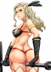 1girl amazon_(dragon&#039;s_crown) armband armlet armor artist_request ass axe back bare_shoulders between_legs bikini bikini_armor blush breasts curvy dragon&#039;s_crown elbow_gloves embarrassed feather_hair_ornament feathers female_focus from_behind gloves green_eyes hair_ornament highres holding holding_weapon huge_ass jewelry large_breasts long_hair looking_at_viewer looking_back looking_down open_mouth platinum_blonde_hair pussy_juice sideboob simple_background solo sweat swimsuit thick_thighs thighs thong thong_bikini weapon white_background rating:Explicit score:16 user:armorcrystal